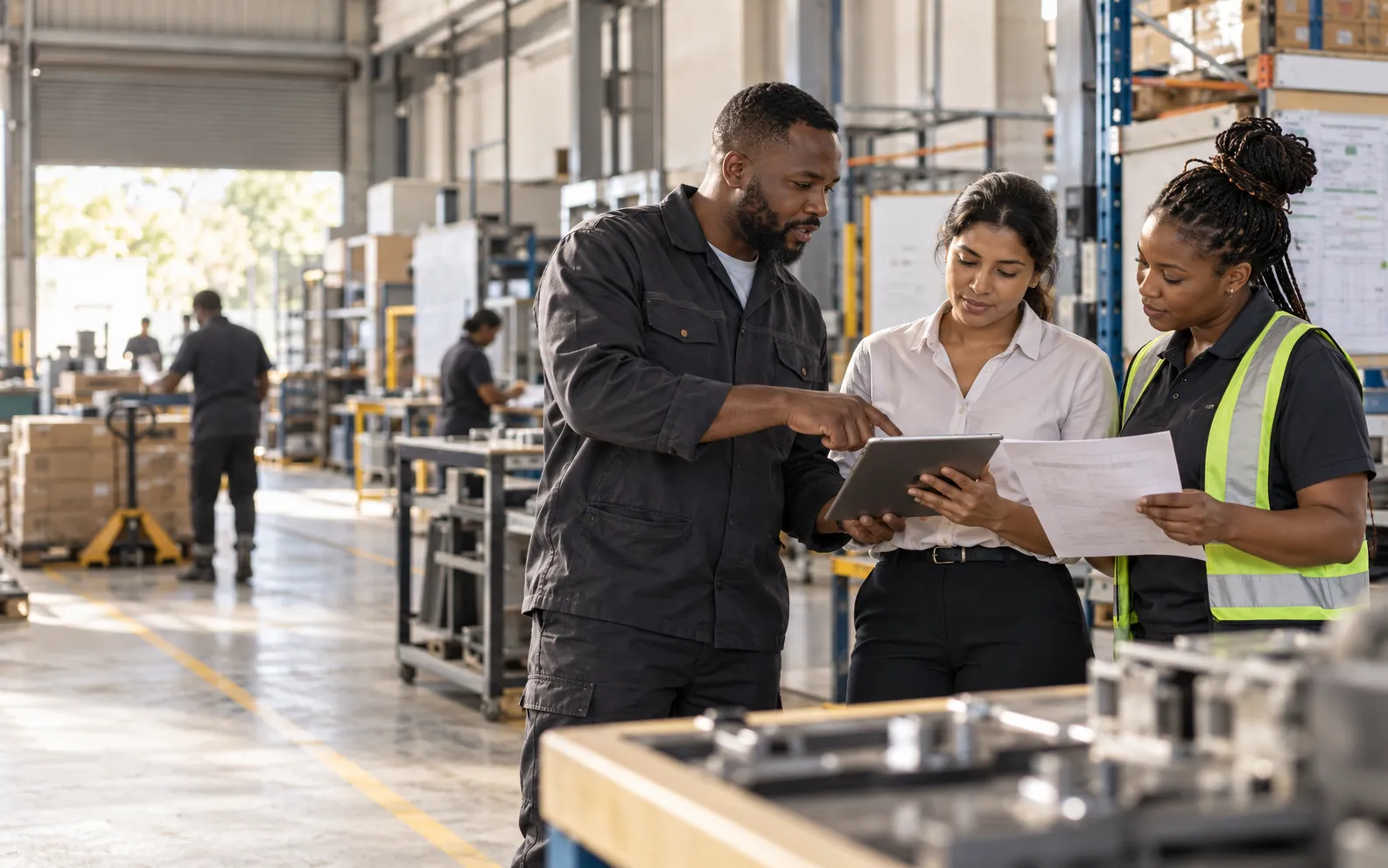 A fictional South African operations team reviewing a workflow in a manufacturing environment